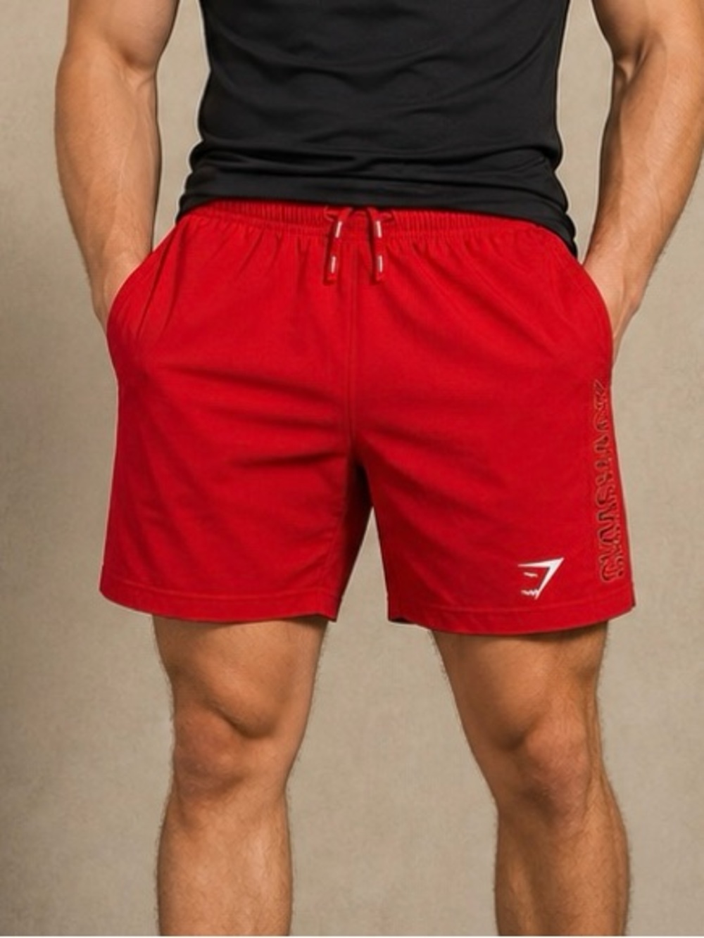 GYMSHARK  Men’s Small Vented Performance Shorts Red with Zip Pockets Drawstring